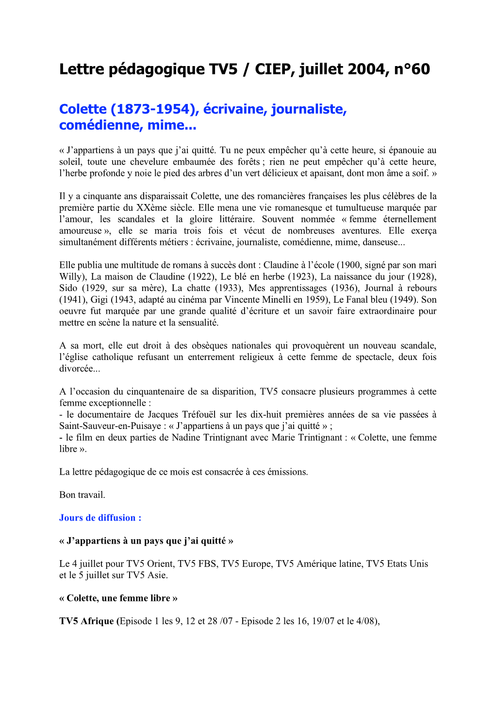 Lettre Pédagogique TV5 / CIEP, Juillet 2004, N°60 Colette