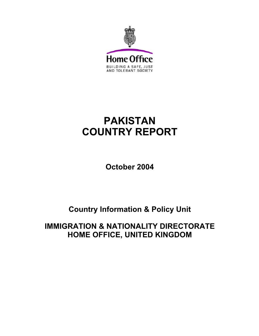 Country of Origin Information Report: Pakistan October 2004