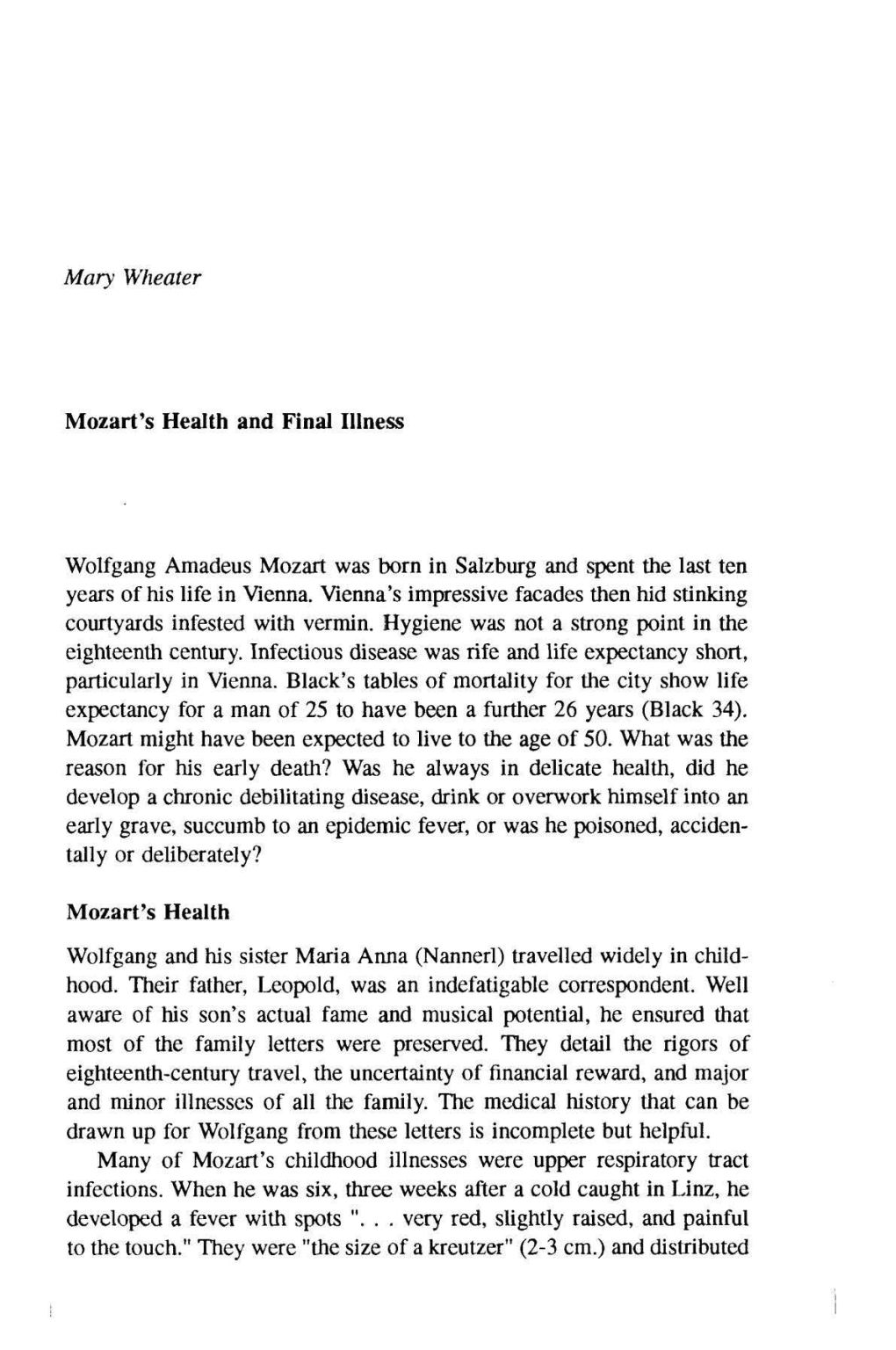 Mary Wheater Mozart's Health and Final Illness Wolfgang Amadeus