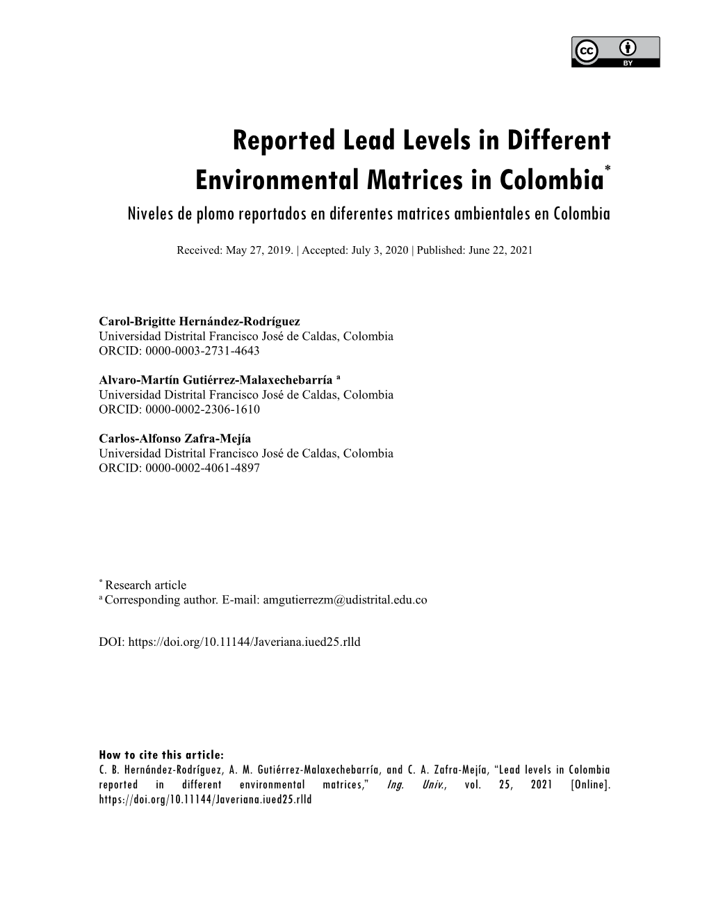 Reported Lead Levels in Different Environmental Matrices in Colombia* Niveles De Plomo Reportados En Diferentes Matrices Ambientales En Colombia