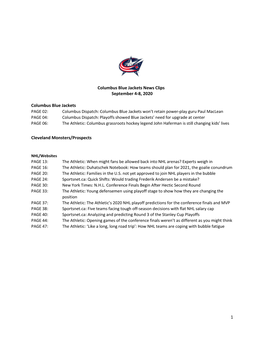 1 Columbus Blue Jackets News Clips September 4-8, 2020 Columbus Blue Jackets Cleveland Monsters/Prospects