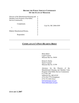 Complainant's Post-Hearing Brief