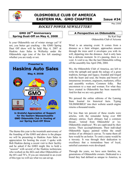 OLDSMOBILE CLUB of AMERICA EASTERN MA. GMO CHAPTER Issue #34 Ma M May 2008 ROCKET POWER NEWSLETTER!!