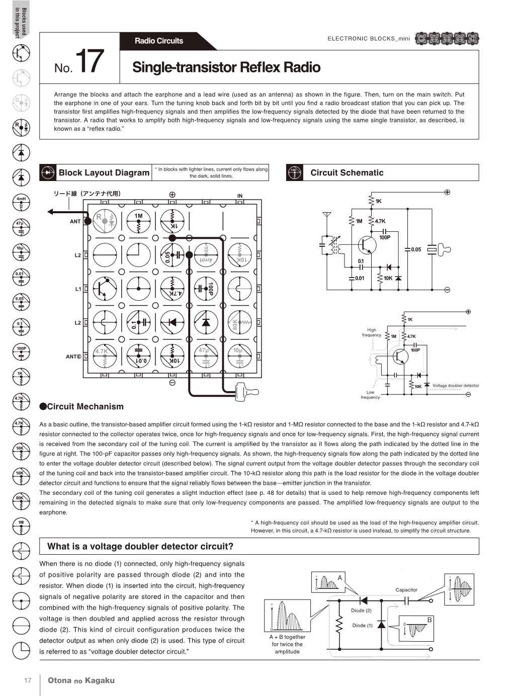 No.17 Single-Transistor Reflex Radio Arrange the Blocks and Attach the Earphone and a Lead Wire (Used As an Antenna) As Shown in the Figure