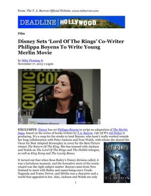 Co-Writer Philippa Boyens to Write Young Merlin Movie by Mike Fleming Jr November 17, 2015 1:24Pm