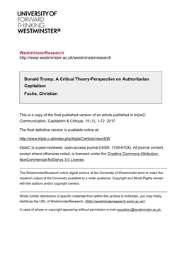 Westminsterresearch Donald Trump: a Critical Theory-Perspective On