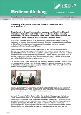 University of Bayreuth Launches Gateway Office in China on 8 April 2016