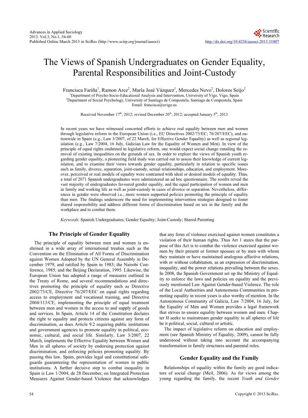 The Views of Spanish Undergraduates on Gender Equality, Parental Responsibilities and Joint-Custody