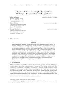 A Review of Robot Learning for Manipulation: Challenges, Representations, and Algorithms