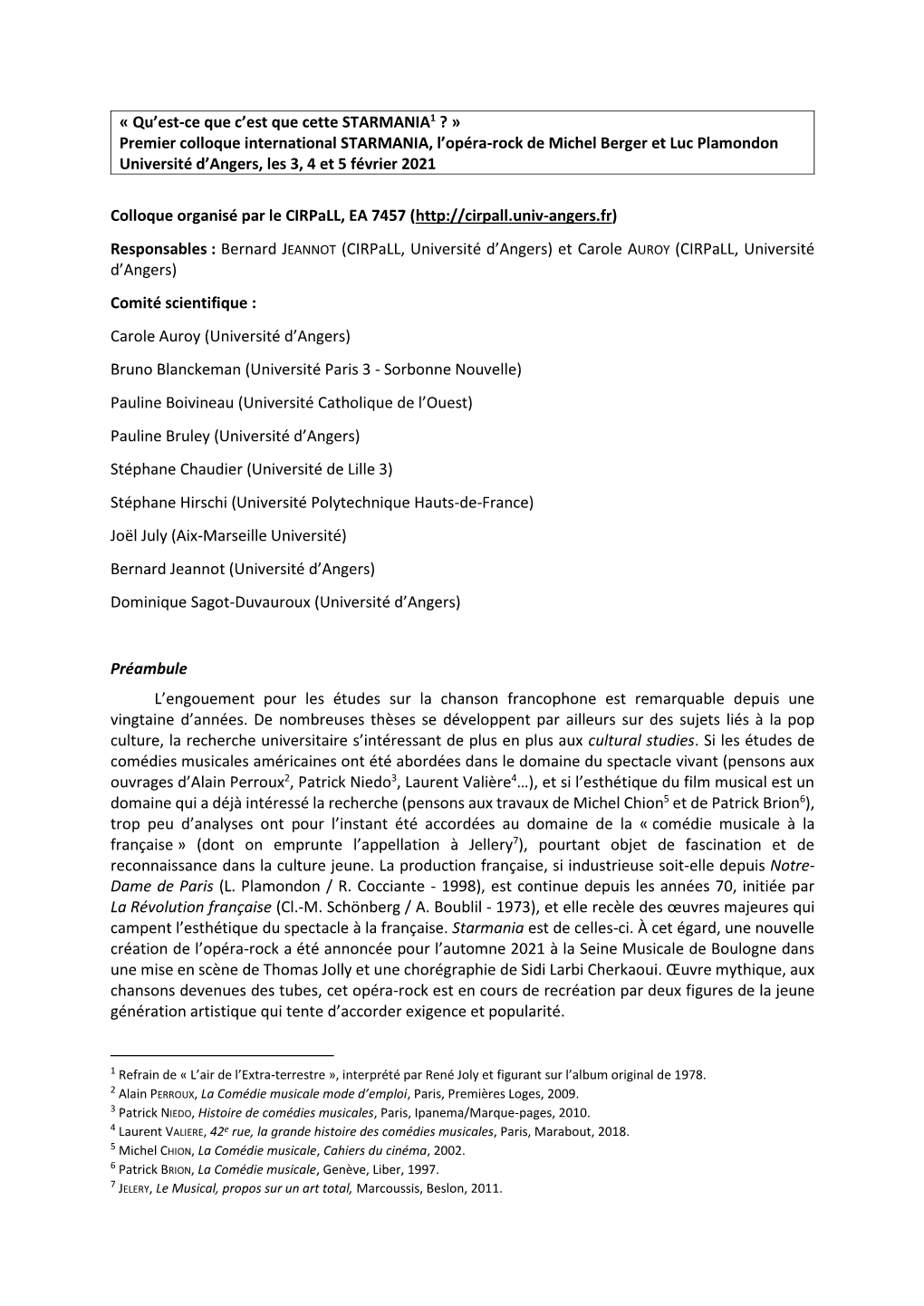 Premier Colloque International STARMANIA, L’Opéra-Rock De Michel Berger Et Luc Plamondon Université D’Angers, Les 3, 4 Et 5 Février 2021