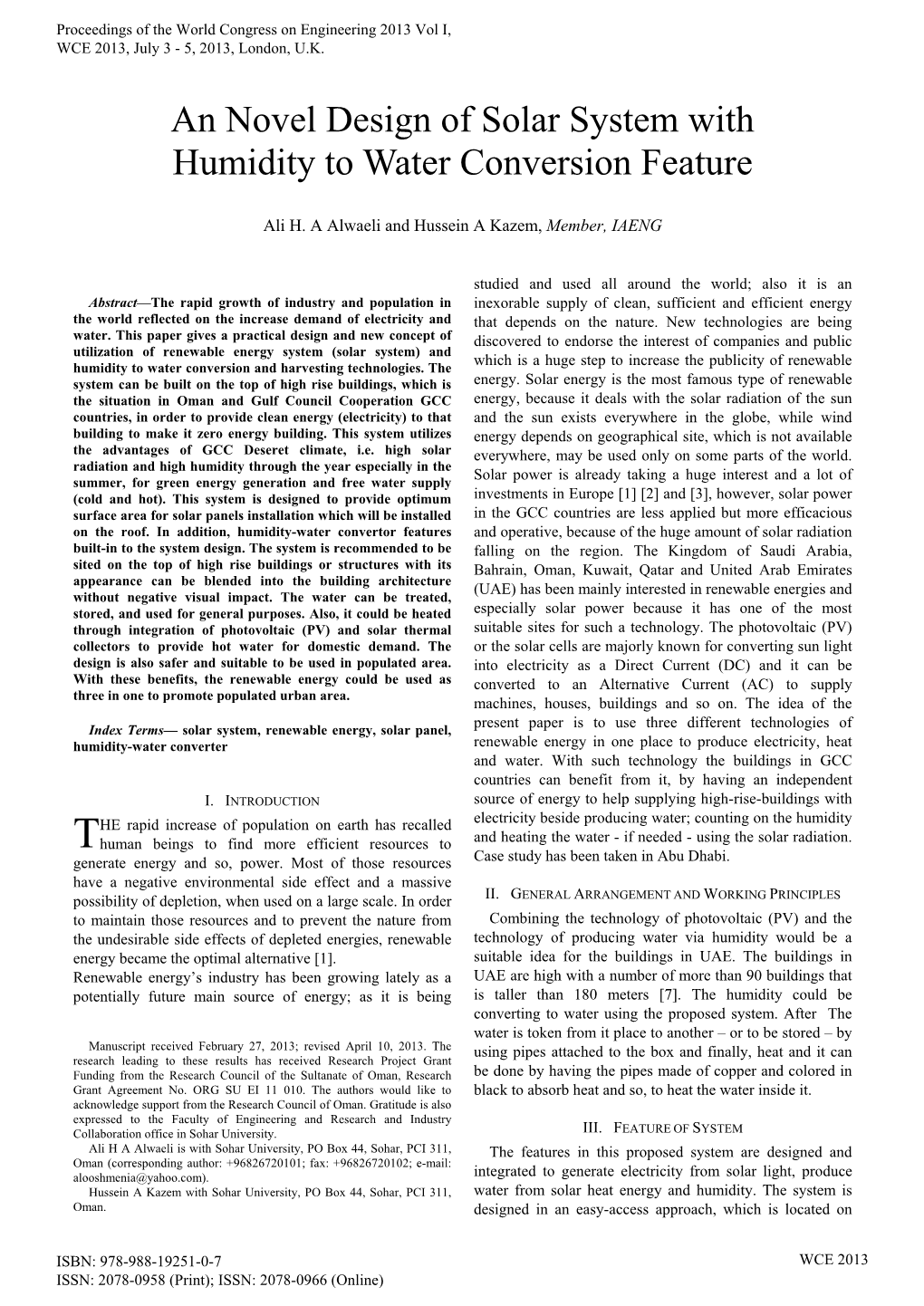 An Novel Design of Solar System with Humidity to Water Conversion Feature