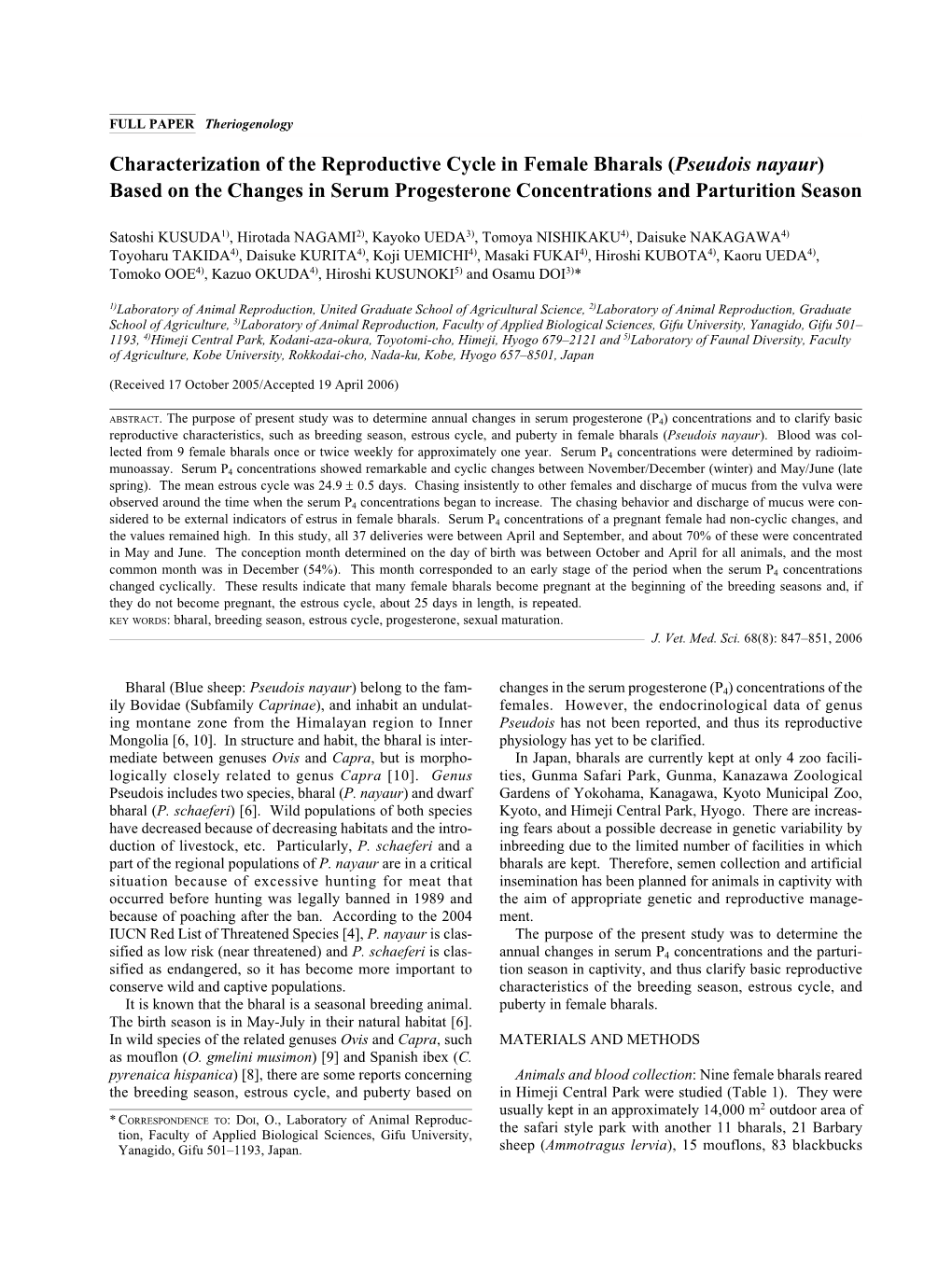 Characterization of the Reproductive Cycle in Female Bharals (Pseudois Nayaur) Based on the Changes in Serum Progesterone Concentrations and Parturition Season