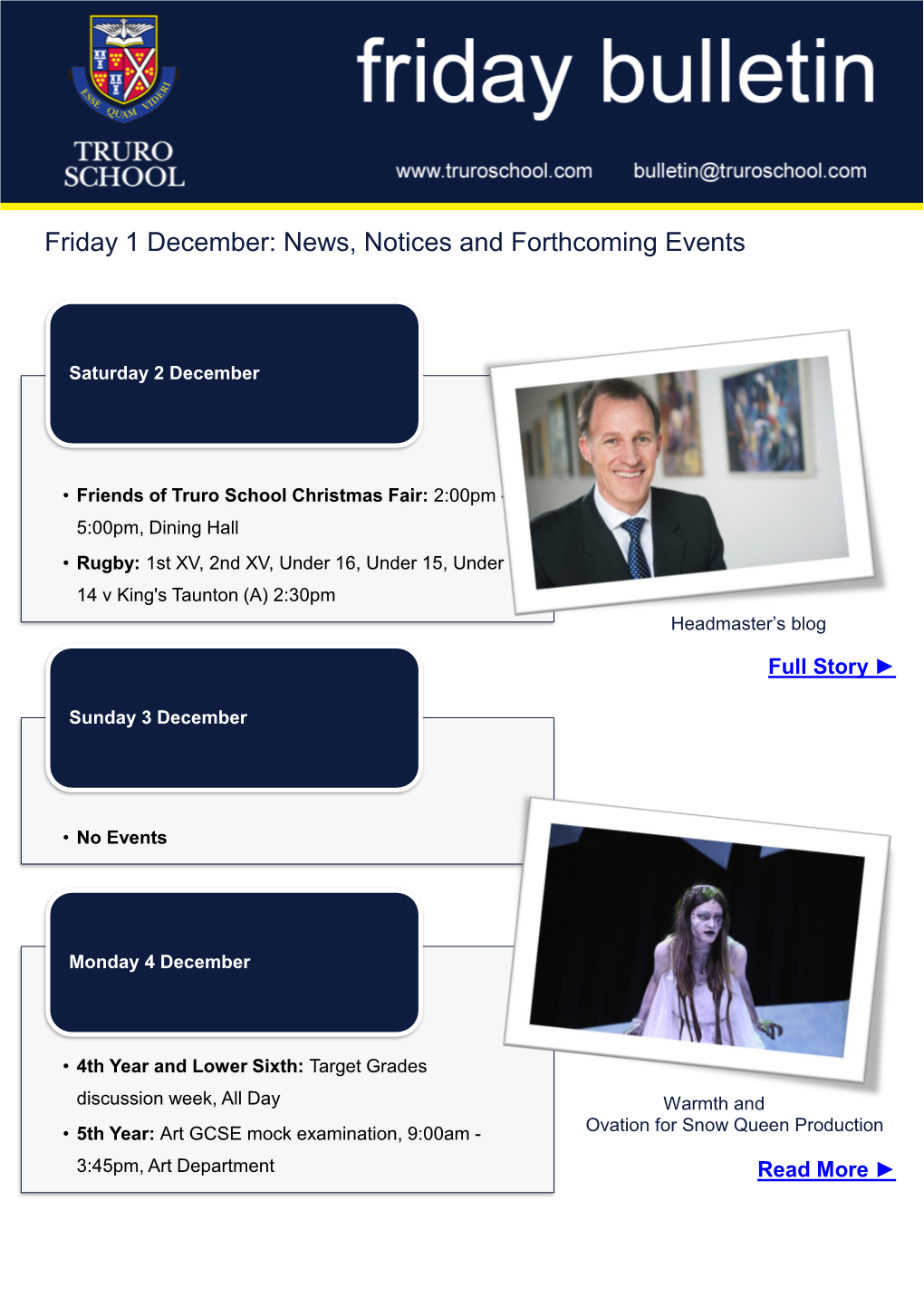 Friday 1 December: News, Notices and Forthcoming Events