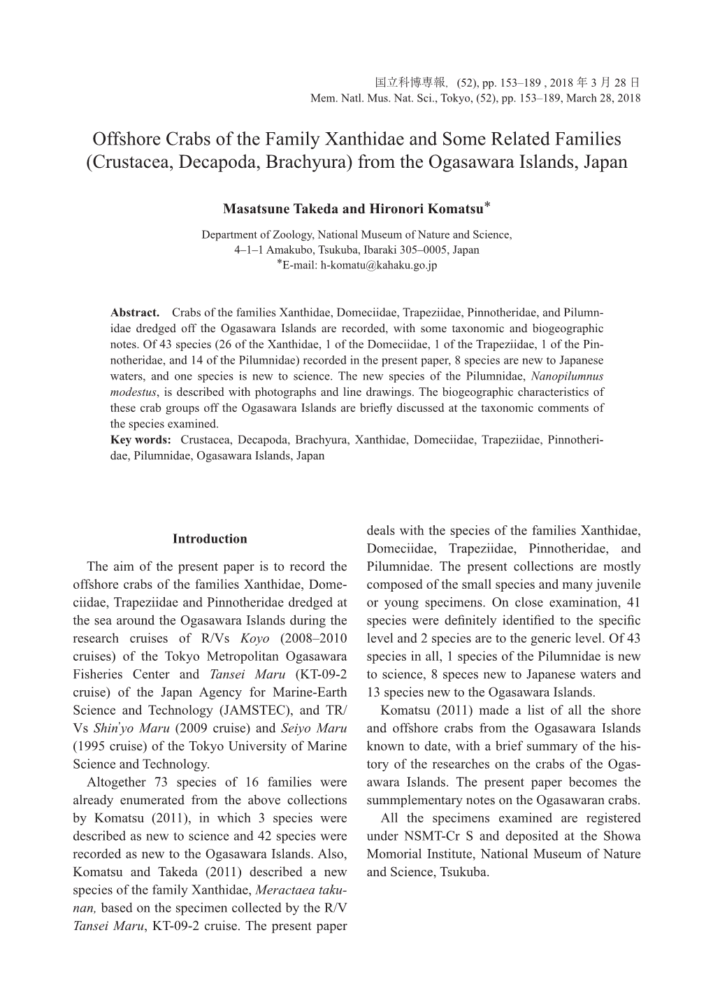 Offshore Crabs of the Family Xanthidae and Some Related Families (Crustacea, Decapoda, Brachyura) from the Ogasawara Islands, Japan