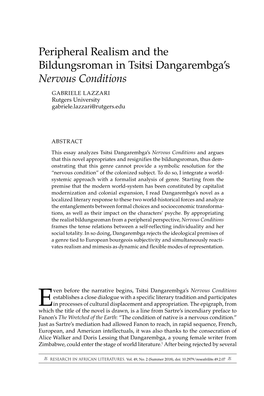 Peripheral Realism and the Bildungsroman in Tsitsi Dangarembga’S Nervous Conditions