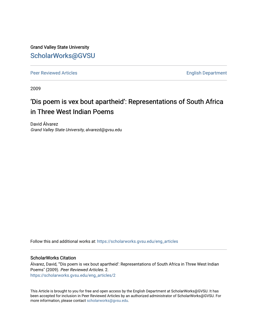 Dis Poem Is Vex Bout Apartheid’: Representations of South Africa in Three West Indian Poems