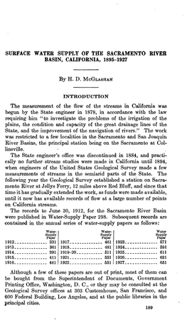 Surface Water Supply of the Sacramento River Basin, California, 189&-1927