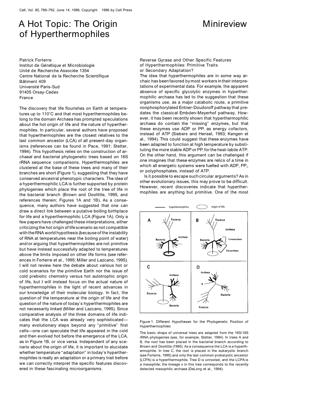 A Hot Topic: the Origin Minireview of Hyperthermophiles