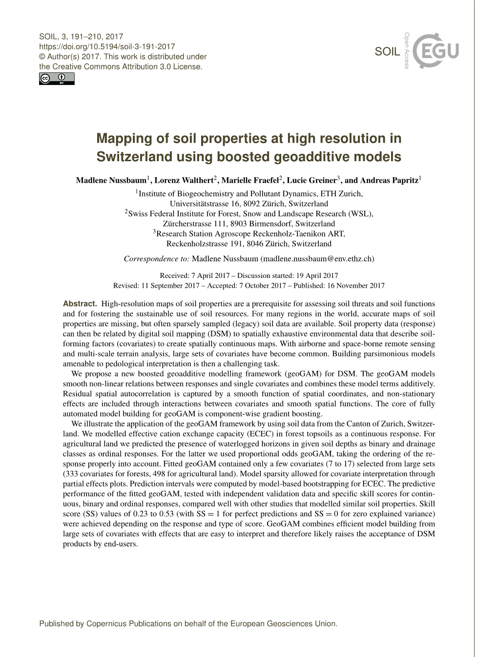 Mapping of Soil Properties at High Resolution in Switzerland Using Boosted Geoadditive Models