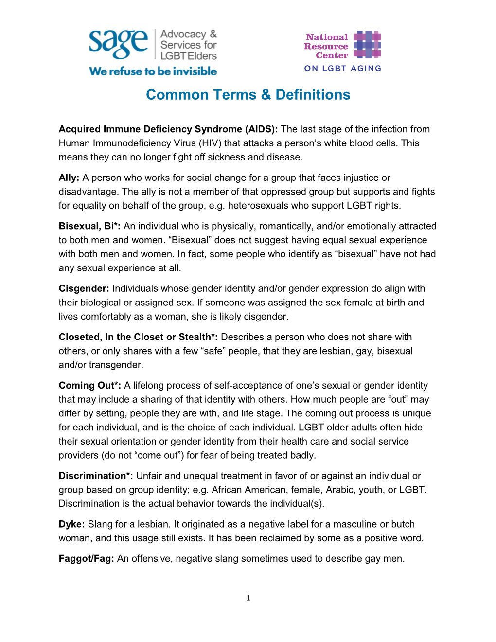 LGBT SAGE Common Terms and Definitions