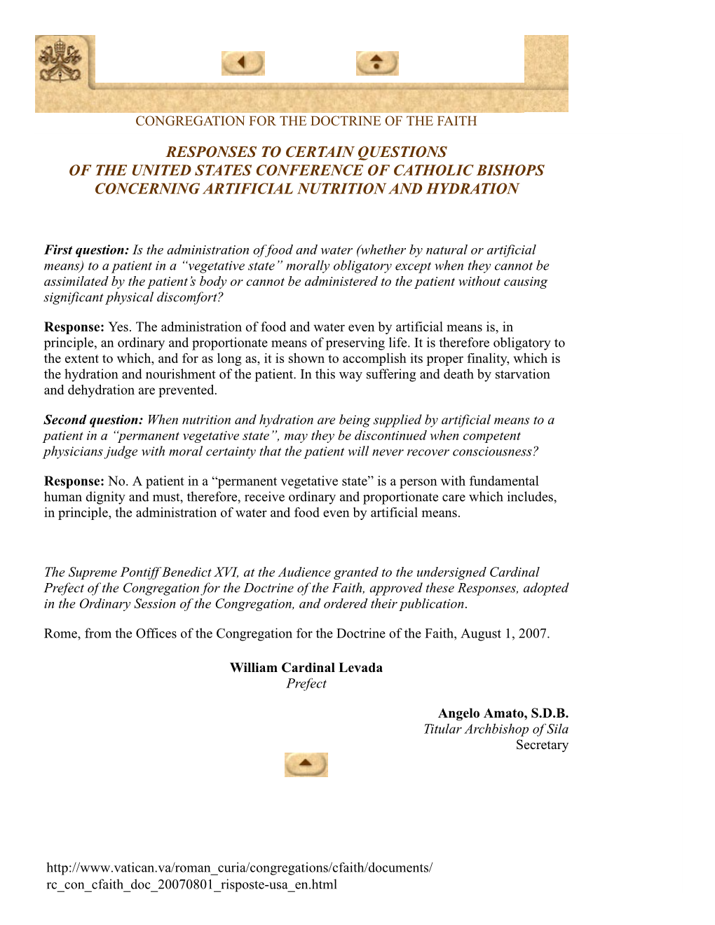 Responses to Certain Questions of the United States Conference of Catholic Bishops Concerning Artificial Nutrition and Hydration