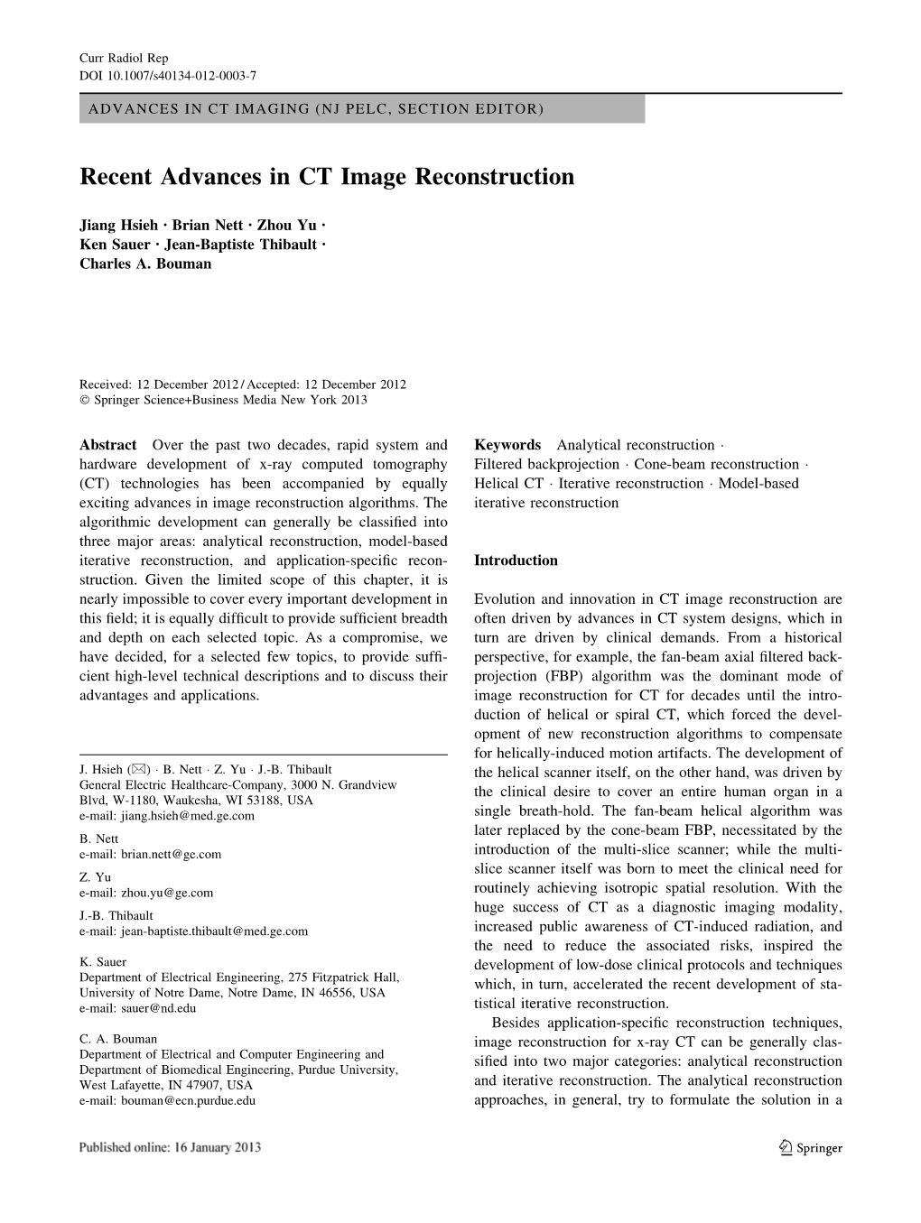 Recent Advances in CT Image Reconstruction