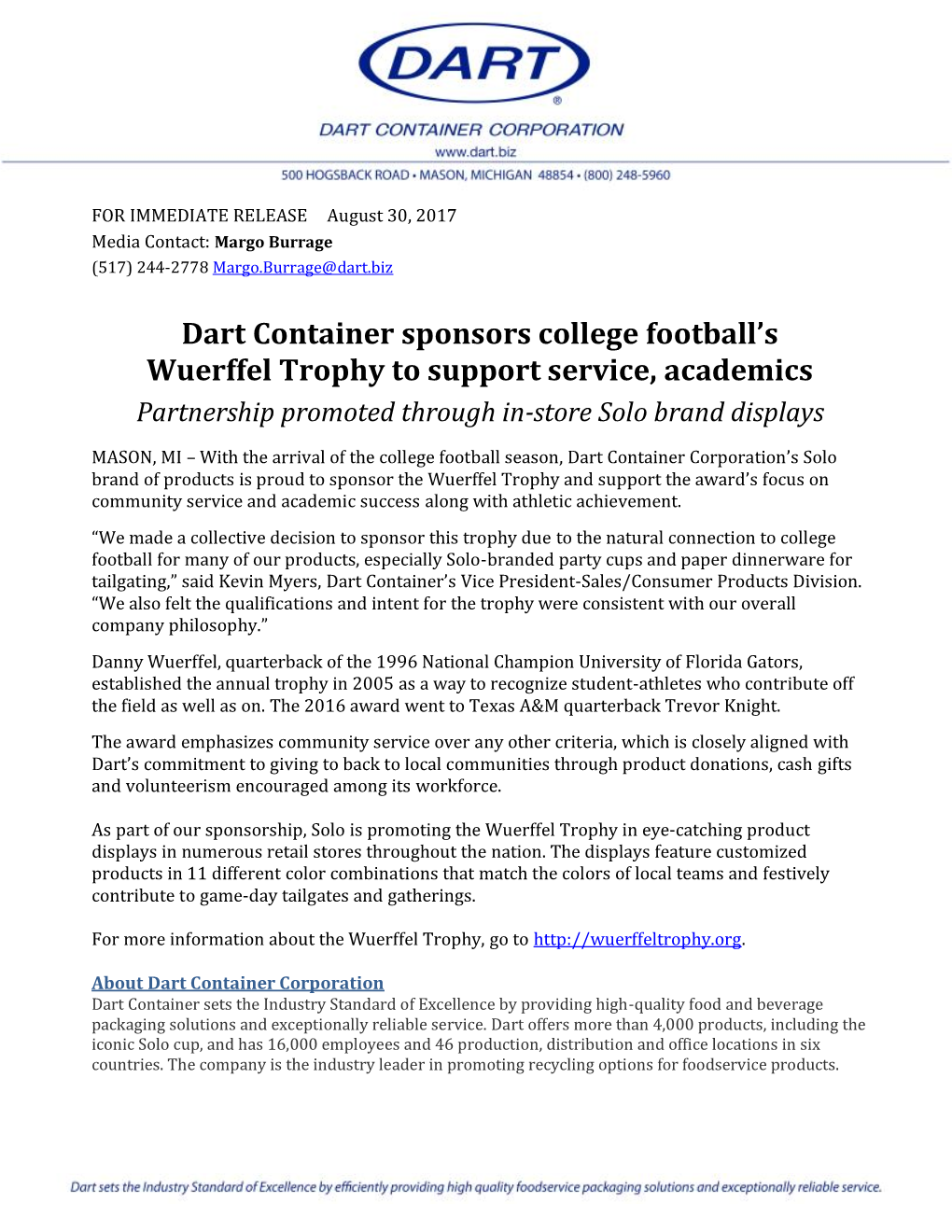 Dart Container Sponsors College Football's Wuerffel Trophy to Support