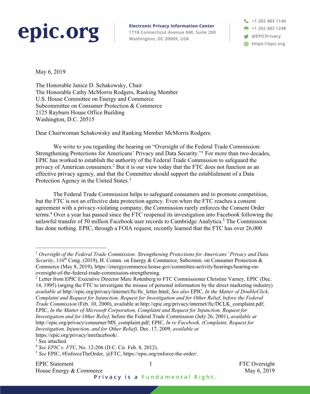 EPIC Statement 1 FTC Oversight House Energy & Commerce May 6