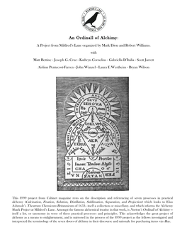 An Ordinall of Alchimy: a Project from Mildred’S Lane Organized by Mark Dion and Robert Williams