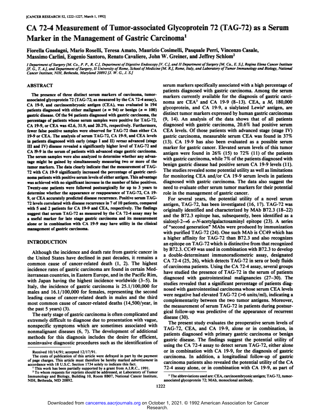 CA 72-4 Measurement of Tumor-Associated Glycoprotein 72 (TAG-72) As a Serum Marker in the Management of Gastric Carcinoma1