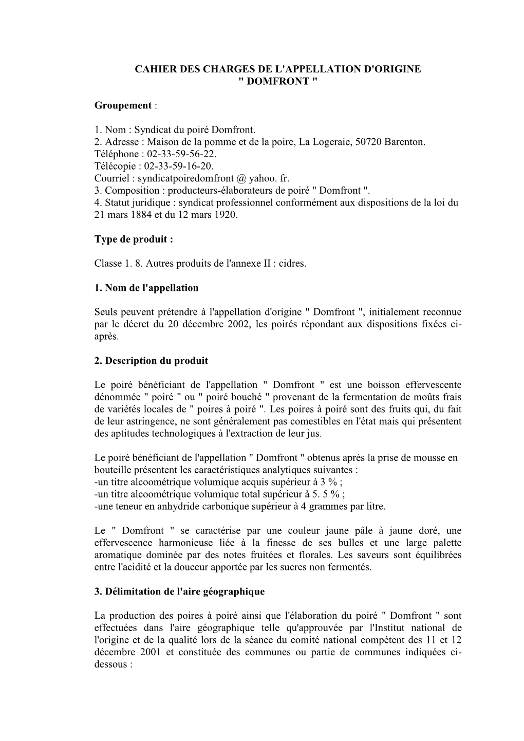 Cahier Des Charges Poiré Domfront