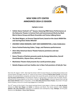 New York City Center Announces 2014-‐15 Season