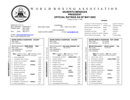 WORLD BOXING ASSOCIATION GILBERTO MENDOZA PRESIDENT OFFICIAL RATINGS AS of MAY 2002 Created on June 3, 2002 MEMBERS