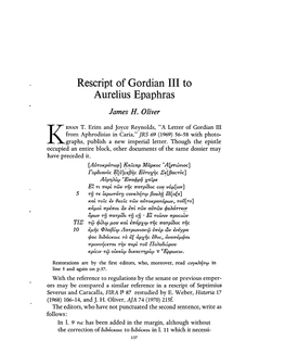 Rescript of Gordian III to Aurelius Epaphras Oliver, James H Greek, Roman and Byzantine Studies; Summer 1970; 11, 2; Proquest Pg