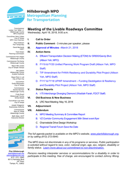 Meeting of the Livable Roadways Committee Hillsborough County MPO Chairman Wednesday, April 18, 2018, 9:00 A.M