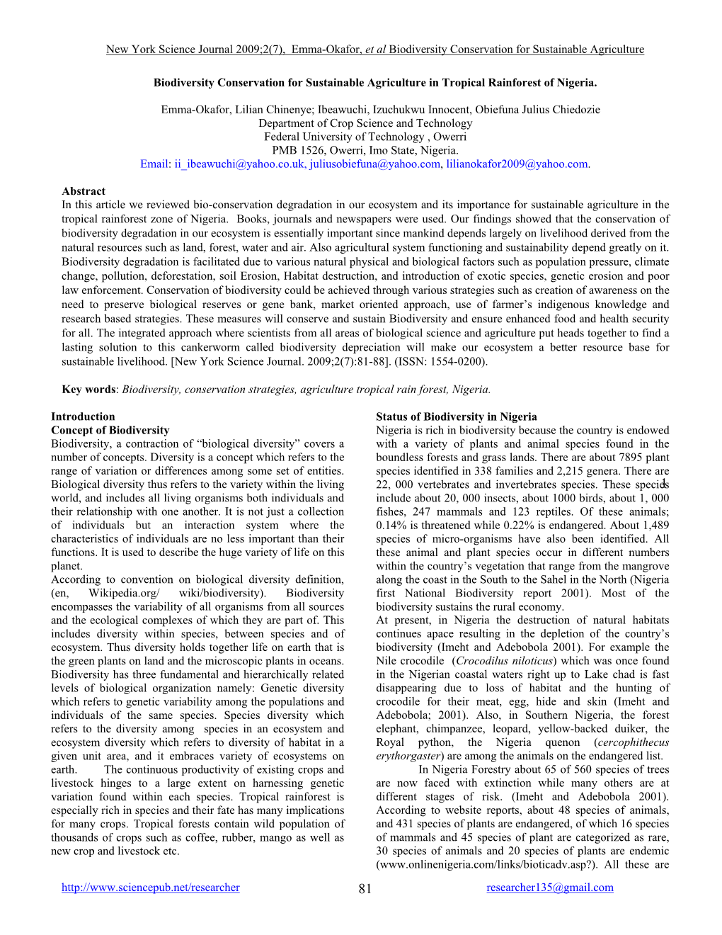 Biodiversity Conservation for Sustainable Agriculture in Tropical Rainforest of Nigeria