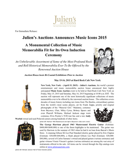 Julien's Auctions Announces Music Icons 2015