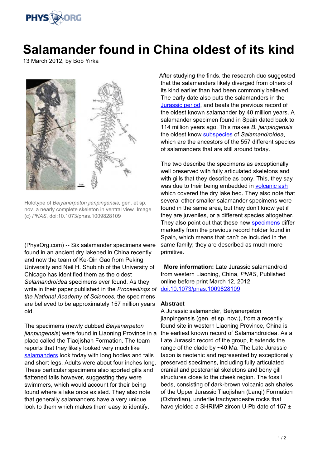 Salamander Found in China Oldest of Its Kind 13 March 2012, by Bob Yirka