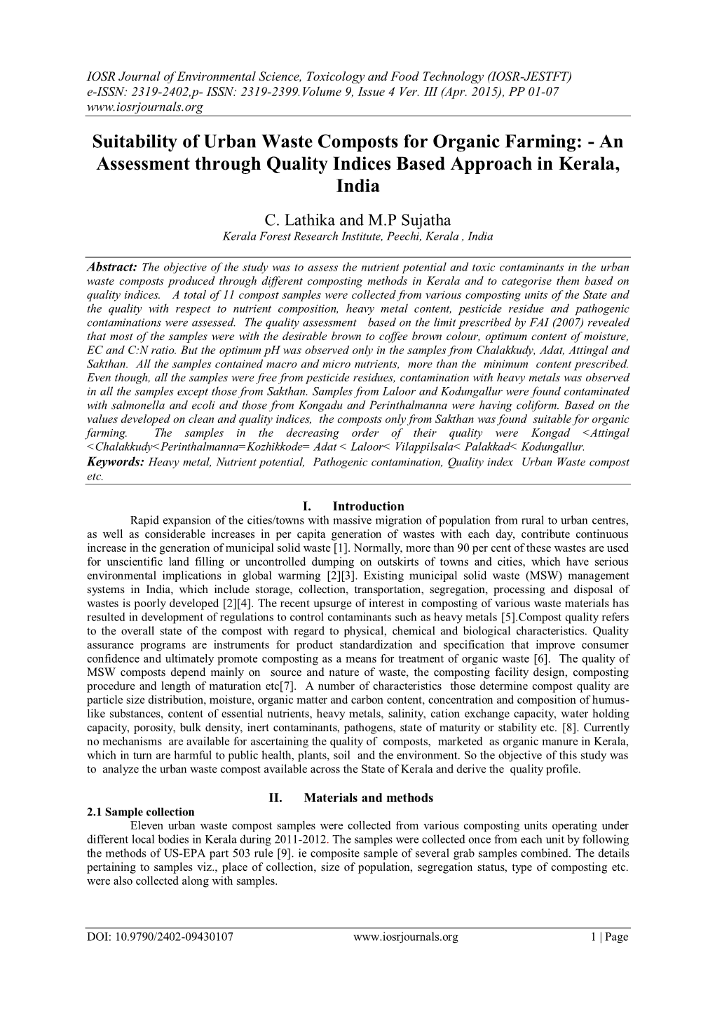Suitability of Urban Waste Composts for Organic Farming: - an Assessment Through Quality Indices Based Approach in Kerala, India