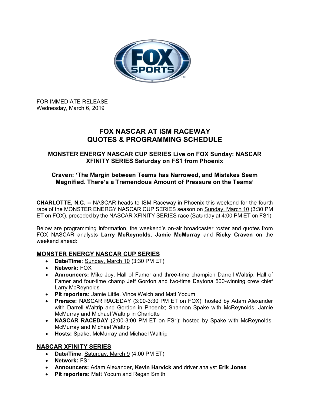 Fox Nascar at Ism Raceway Quotes & Programming