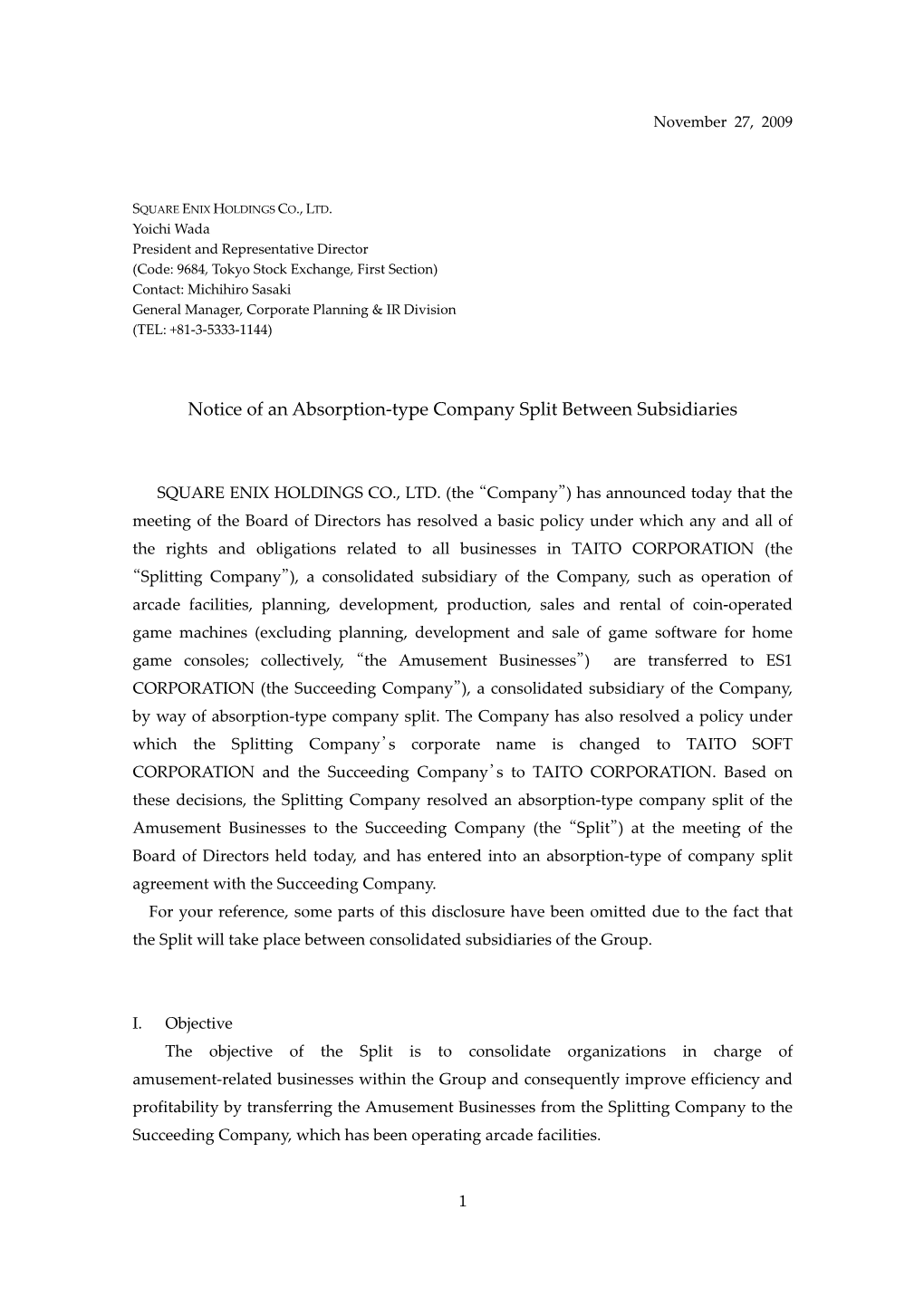 Notice of an Absorption-Type Company Split Between Subsidiaries