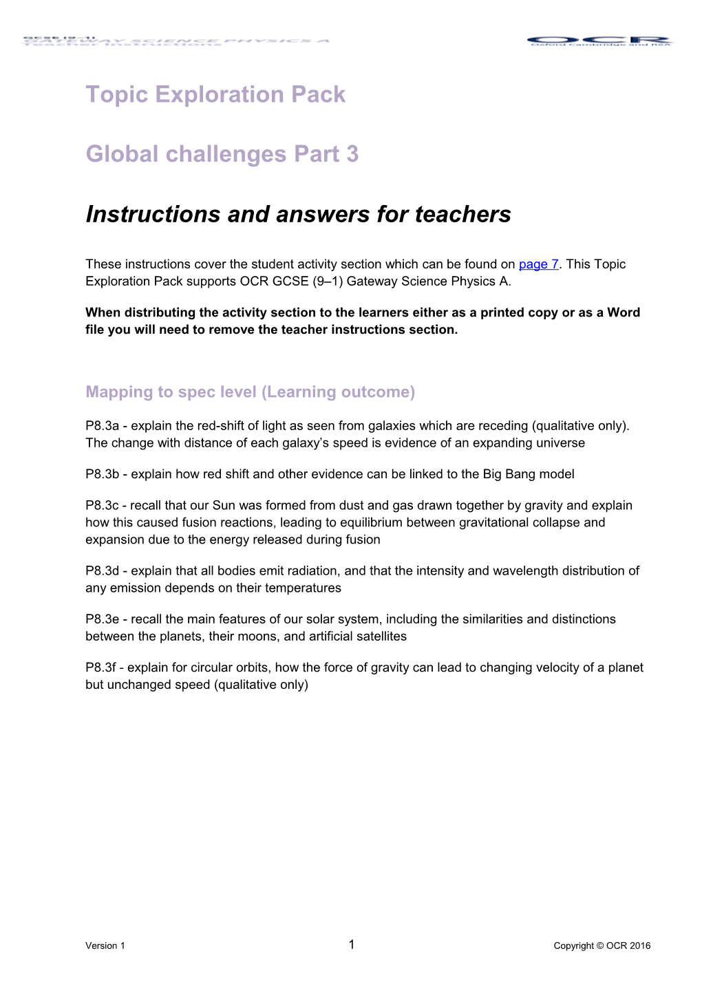 OCR GCSE (9-1) Physics a (Gateway Science)Topic Exploration Pack - Global Challenges Part 3