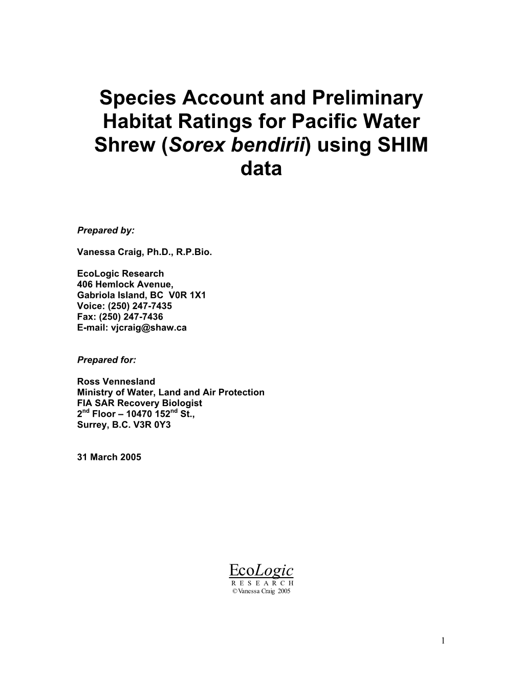 Species Account and Preliminary Habitat Ratings for Pacific Water Shrew (Sorex Bendirii) Using SHIM Data