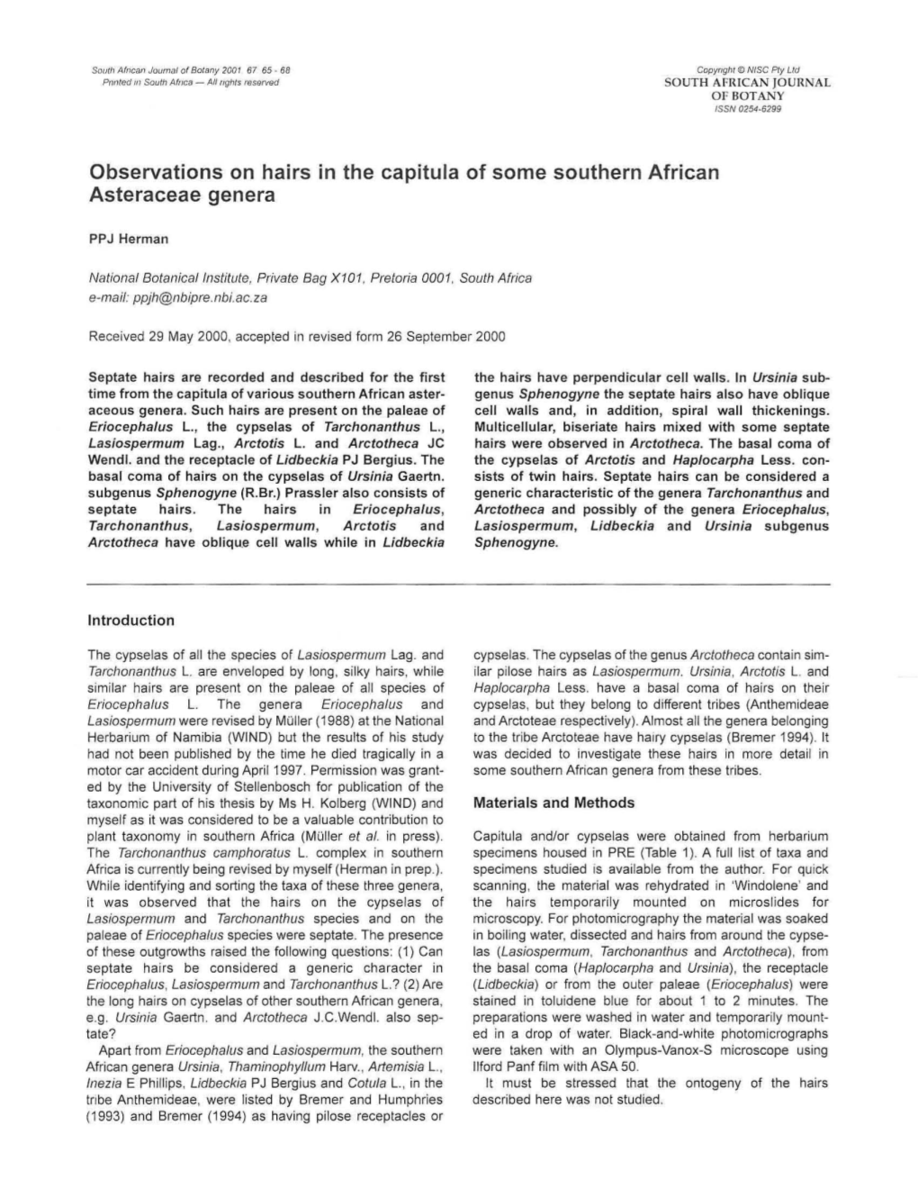 Observations on Hairs in the Capitula of Some Southern African Asteraceae Genera