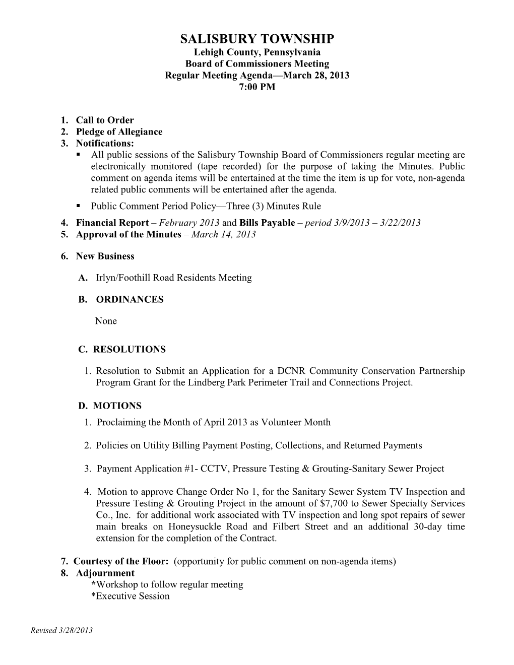 Meeting Agenda—March 28, 2013 7:00 PM