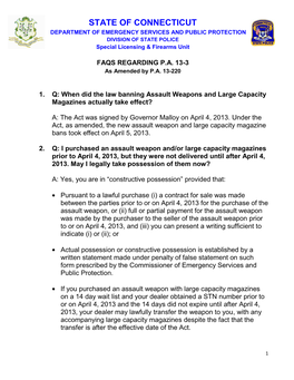 STATE of CONNECTICUT DEPARTMENT of EMERGENCY SERVICES and PUBLIC PROTECTION DIVISION of STATE POLICE Special Licensing & Firearms Unit