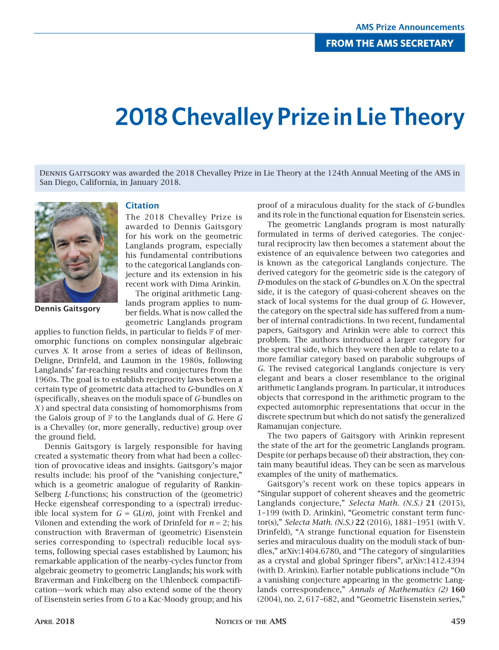 2018 Chevalley Prize in Lie Theory