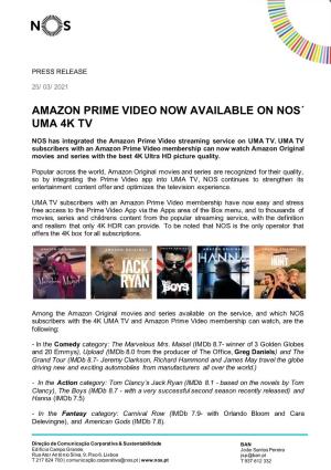 Amazon Prime Video Now Available on Nos´ Uma 4K Tv