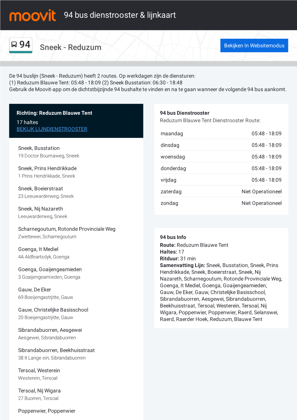 94 Bus Dienstrooster & Lijnroutekaart