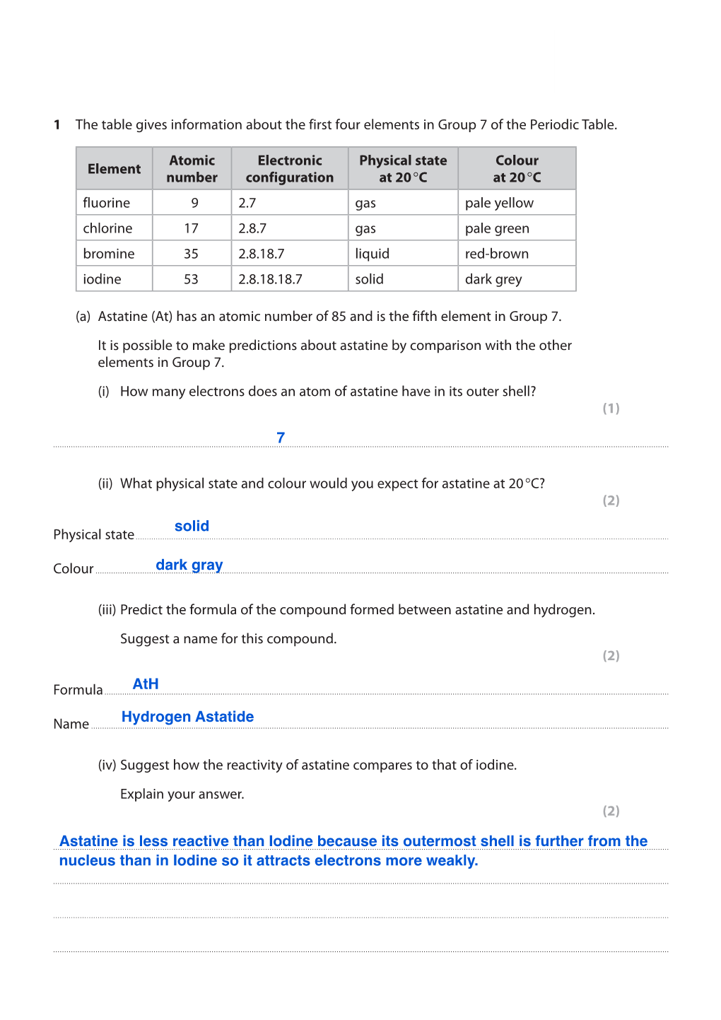 Group 7 Halogens Questions